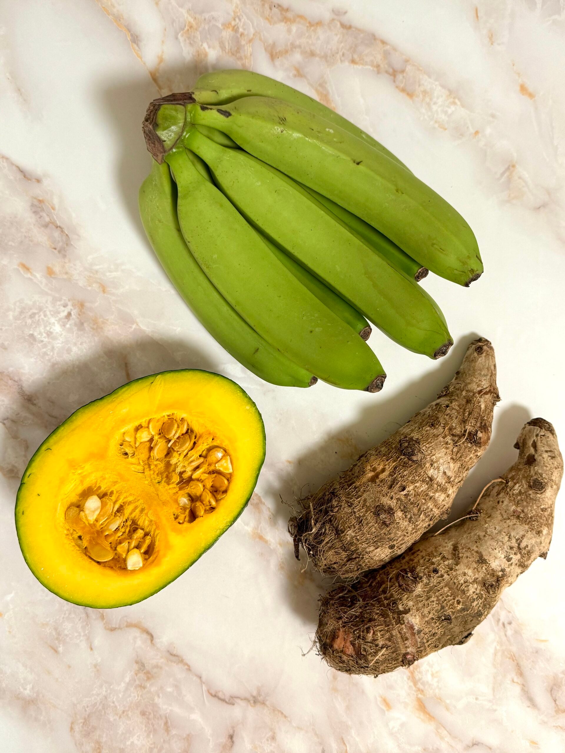 guineos verdes, yautia, calabaza
