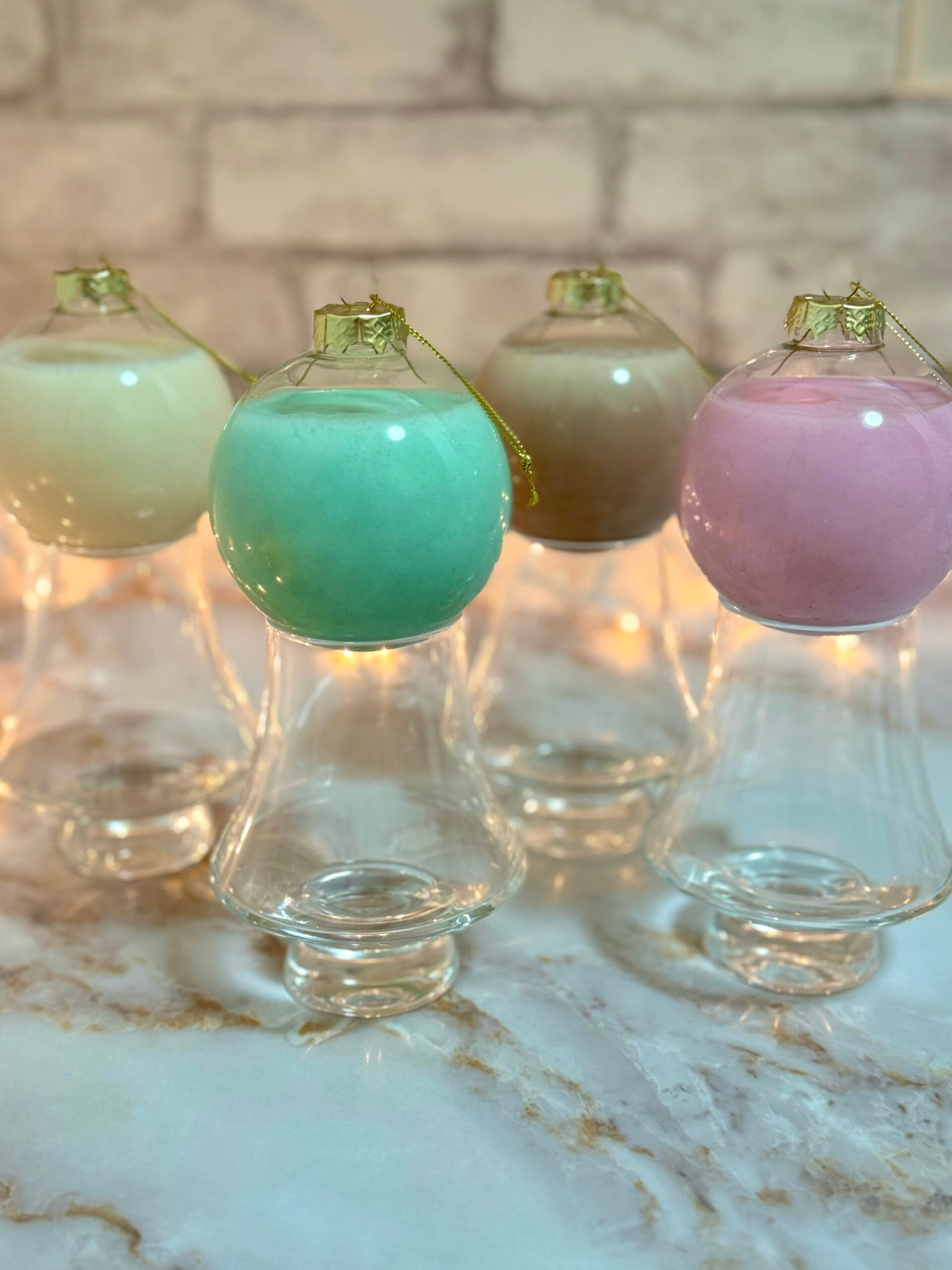 coquito ornaments 4 flavors, coconut, pistachio, nutella, strawberry
