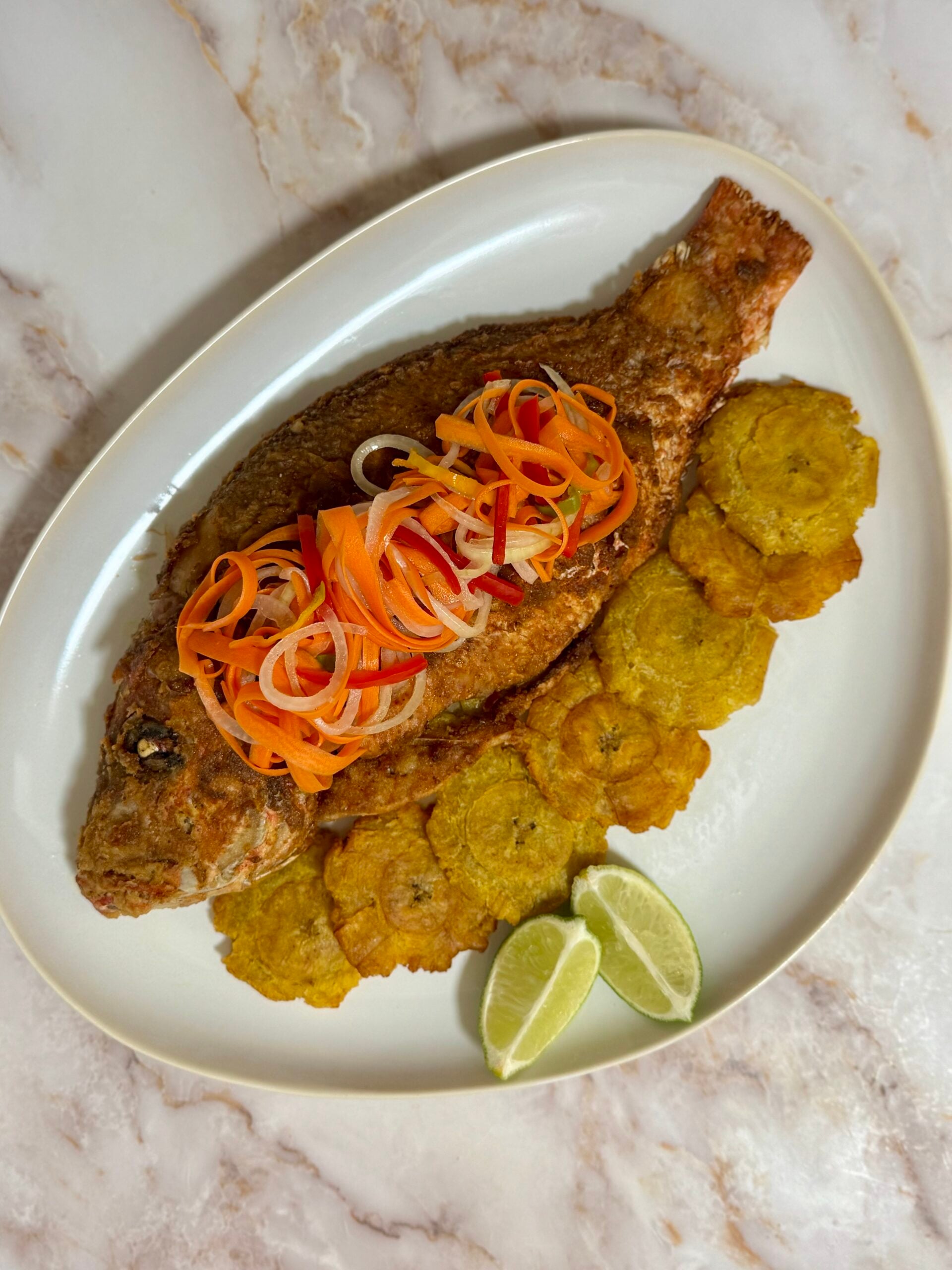 Jamaican Red Snapper with Escovitch with tostones
